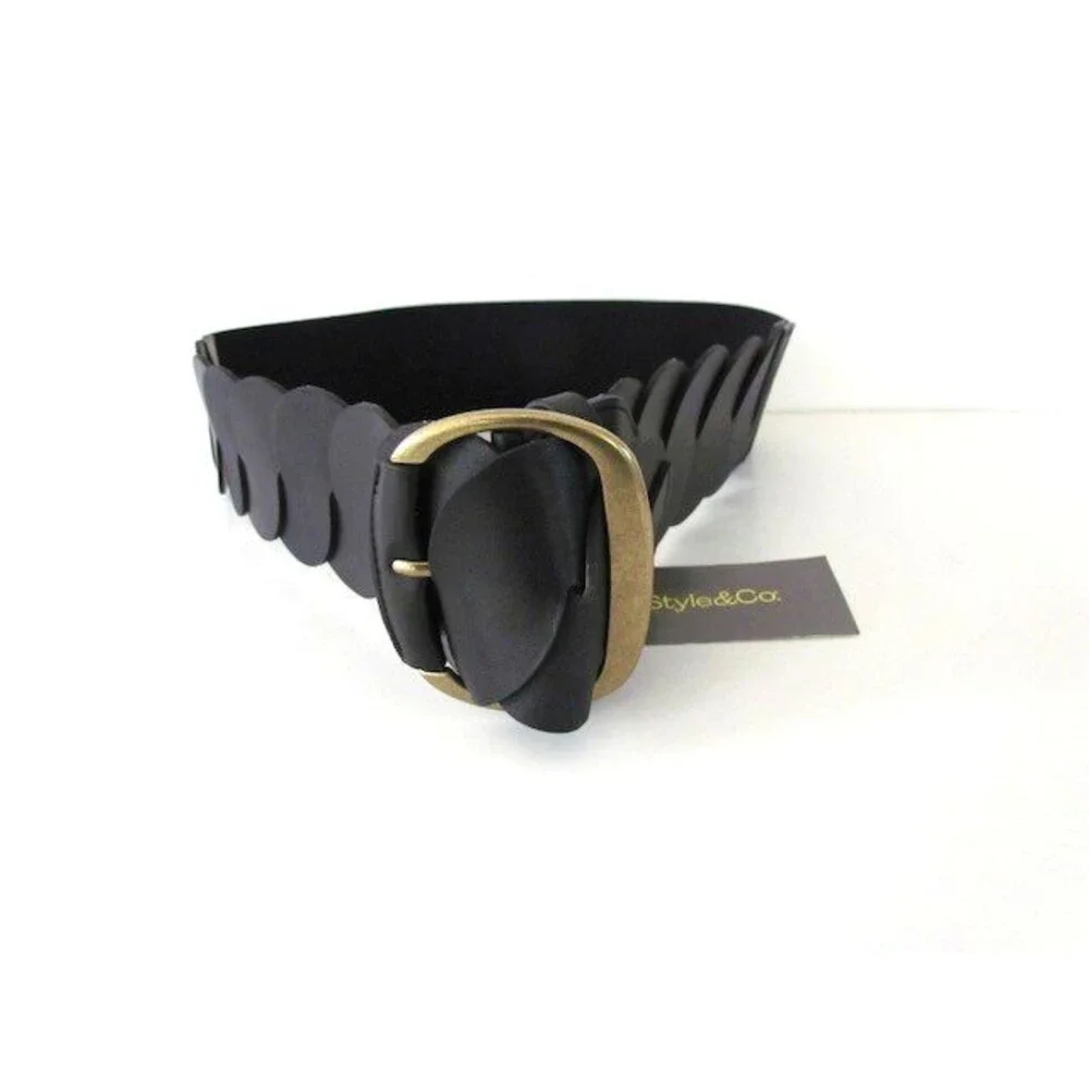 NEW Style&Co Black Belt Faux Leather Stretch Wide Buckle Vegan Size M/L